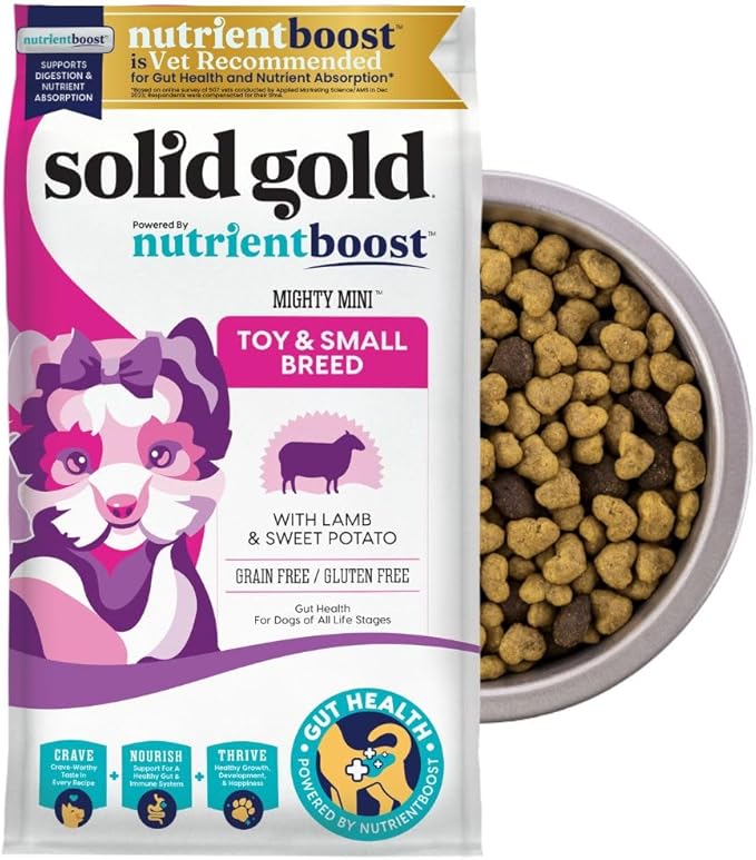 Solid Gold Toy & Small Breed Dry Dog Food Small Bites – Real Lamb, Grain Free, Gluten Free, High Fiber Healthy Kibble w/Probiotics for Gut Health & Digestion Support– All Ages NutrientBoost™ –11LB