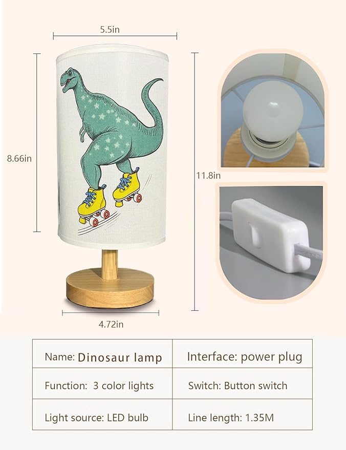 Dinosaur Lamp, Dinosaur Decor Boys Room, 3 Color Night Light Wood Nightstand Desk Base Flaxen Fabric Shade for Bedroom Living Room, Dino Lovers Gifts, LED Bulb Included (Yellow Dinosaur)