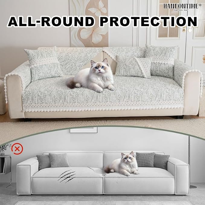 HANDONTIME Elegant Floral Pet Couch Cover, Jacquard Chenille Dog Bed Cover with Plush Fringe, Non-Slip Washable Sofa Protector for Dogs & Cats, Fits Sectionals 3 Cushion Couches (Green,35.4" x 63")