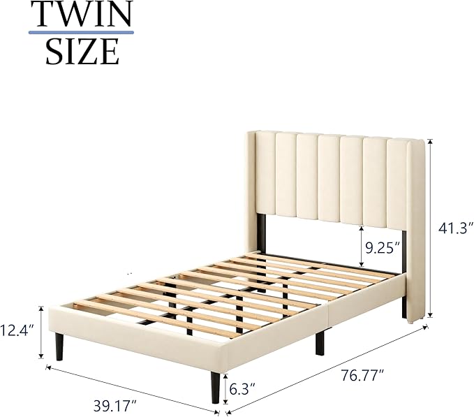 Twin Size Bed Frame with Upholstered Wingback Headboard, Easy Assemnly Platform Bed, Wooden Slat Support No Box Spring Needed, Cream