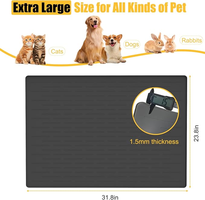 Large Dog Mat for Food and Water, 31.8"x23.8" Silicone Pet Feeding Mats, Waterproof Dog Bowl Mat with High Edges to Prevent Water and Food Spills, Black