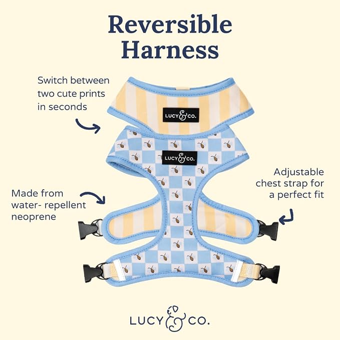Lucy & Co. Reversible Dog Harness - Water-Repellent Neoprene, Dual-Print Design, Easy Swap Style, Adjustable Comfort Fit - Bumbling Around Reversible Harness - X-Small
