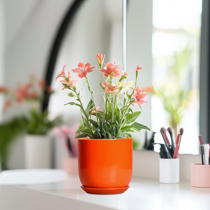 5 Inch Plant Pot - Ceramic Planter for Succulent Cactus Herbs Indoor Plants, Modern Round Flower Pot with Drainage Hole and Saucer, Gifts for Plant Lovers, Patio Office Home Decor, Orange
