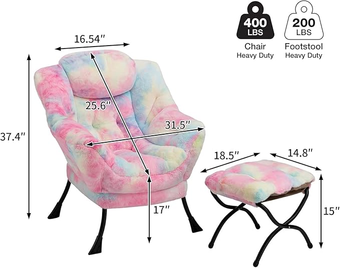 HollyHOME Lazy Chair with Foldable Ottoman, Accent Comfy Lounge Armchair and Folding Footrest Stool, Leisure Sofa Reading Chair and Footstool for Living Room, Bedroom, Dorm,Faux Fur Rainbow