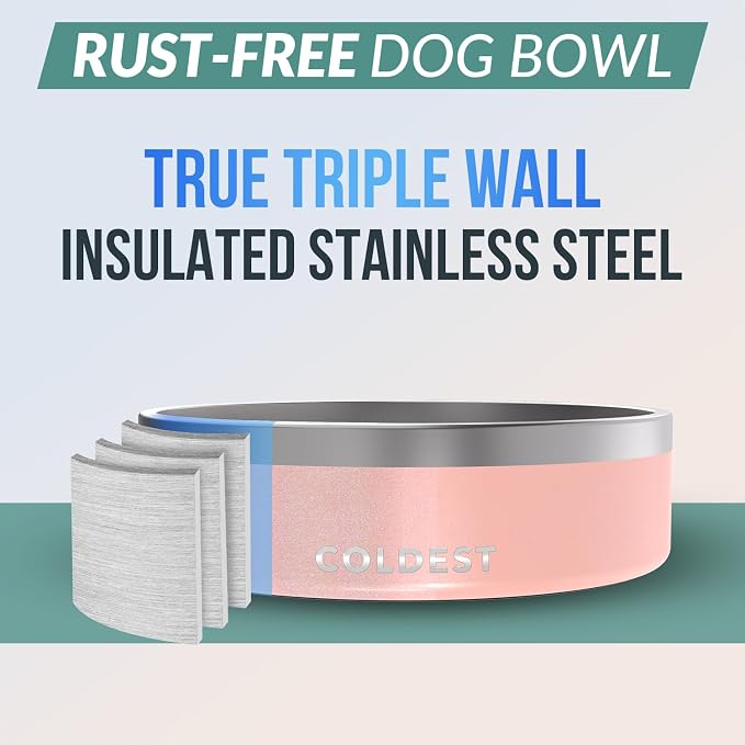 Coldest Dog Bowl - Anti Rust Metal, Non Slip, 3 Layers Insulated Stainless Steel Dog Bowls - Spill Proof & Heavy Duty - Water Bowl for Dogs, Cats & Pets, Dish Washer Safe (42 oz, Forever Pink Glitter)