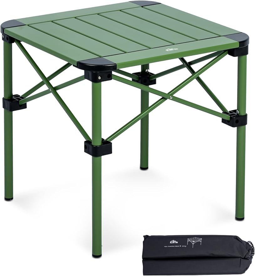 iClimb Lightweight Stable Alu. Folding Square Table Roll Up Top with Carry Bag for Camping Picnic Backyards BBQ Camp Kitchen (Green, S)