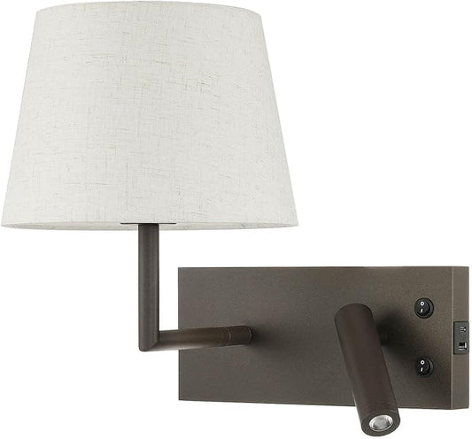 XiNBEi Lighting Hardwired Wall Sconce with LED Reading Lamp, Bedroom Wall Lamp with USB Port & Switch Rotatable Wall Light with Linen Fabric Shade for Bedside Living Room, Dark Bronze XB-W462-LED-DB