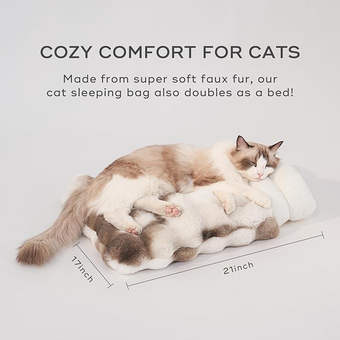 Cat Sleeping Bags for Indoor Cats Self Warming Cat Bed Fits up to 15 lbs Pets Soft Plush Warm Bed 360° Wrap Bag Washable Comfortable Pet Sleeping Bed 21" × 17" Coffee White