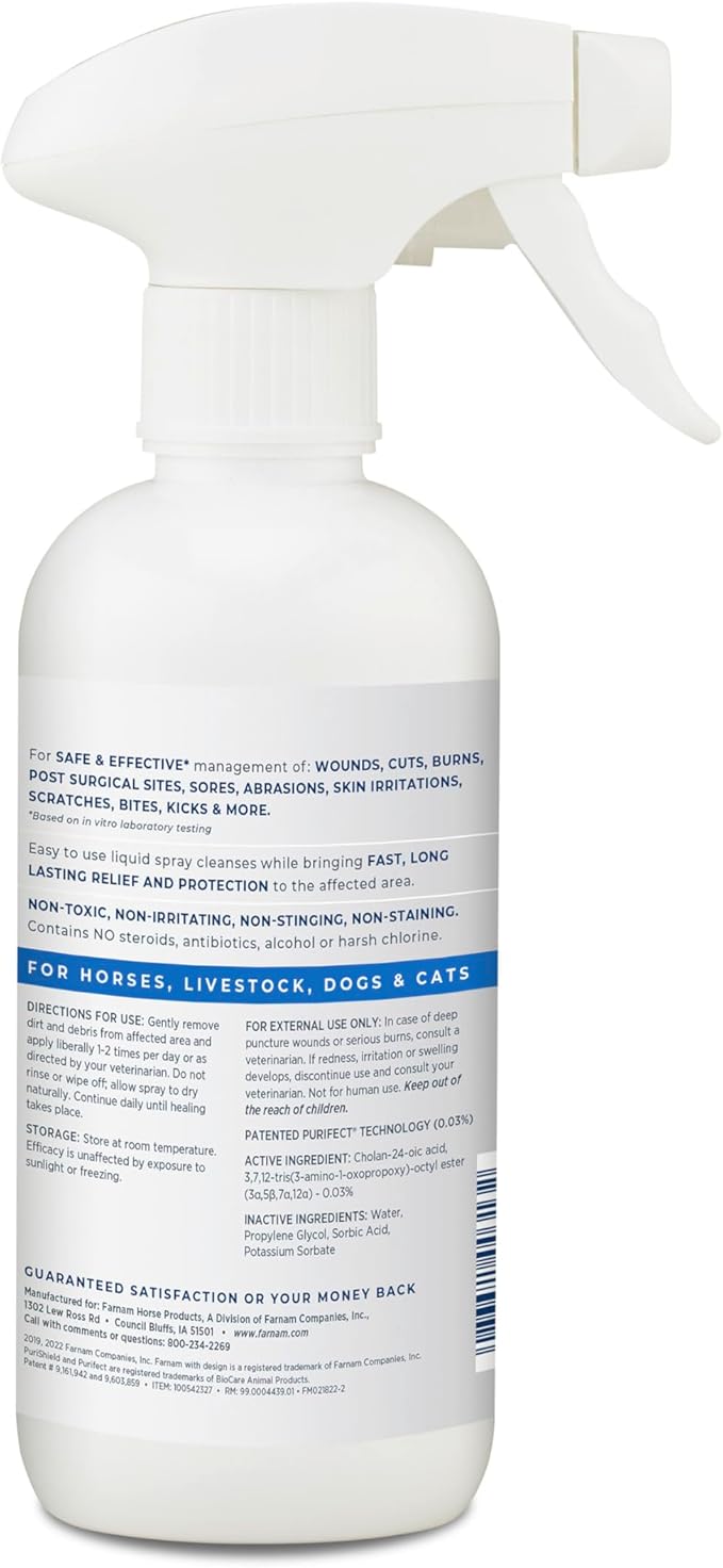 Farnam Purishield Horse Wound Care Fast-Acting Spray for Horses, Dogs, Cats & Livestock, 24-Hour Protection*, Cleans, Treats and Promotes Healing*