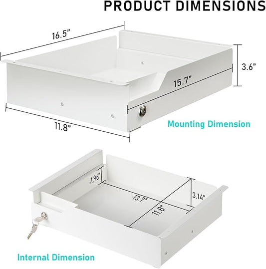 White Under Desk Drawer with Lock, Metal Hidden Storage