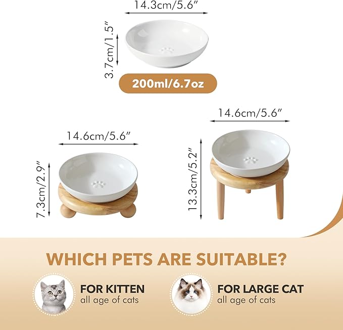 Raised Ceramic Wide Whisker Friendly Cat Dish, Anti-Slip Food&Water Bowl with 2 Style Stand Adjustable Pet Bowl Set (1Dish+Stand, White)