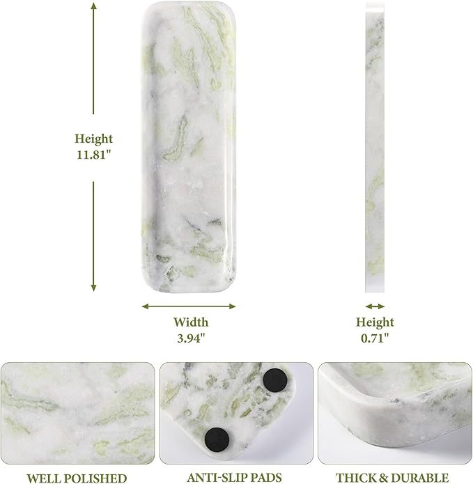 Koville Marble Tray for Bathroom Sink, 12"x4" Natural Stone Vanity Tray for Kitchen Dresser Countertop, Rectangular Decorative Marble Tray for Jewelry Perfume Trinket(Bianco Palomino)