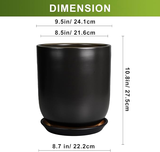 Ceramic Planter 10 Inch - Ceramic Pot for Indoor Plants Outdoor Plant Pot with Drainage Hole and Saucer Cylinder Flower Pot Black