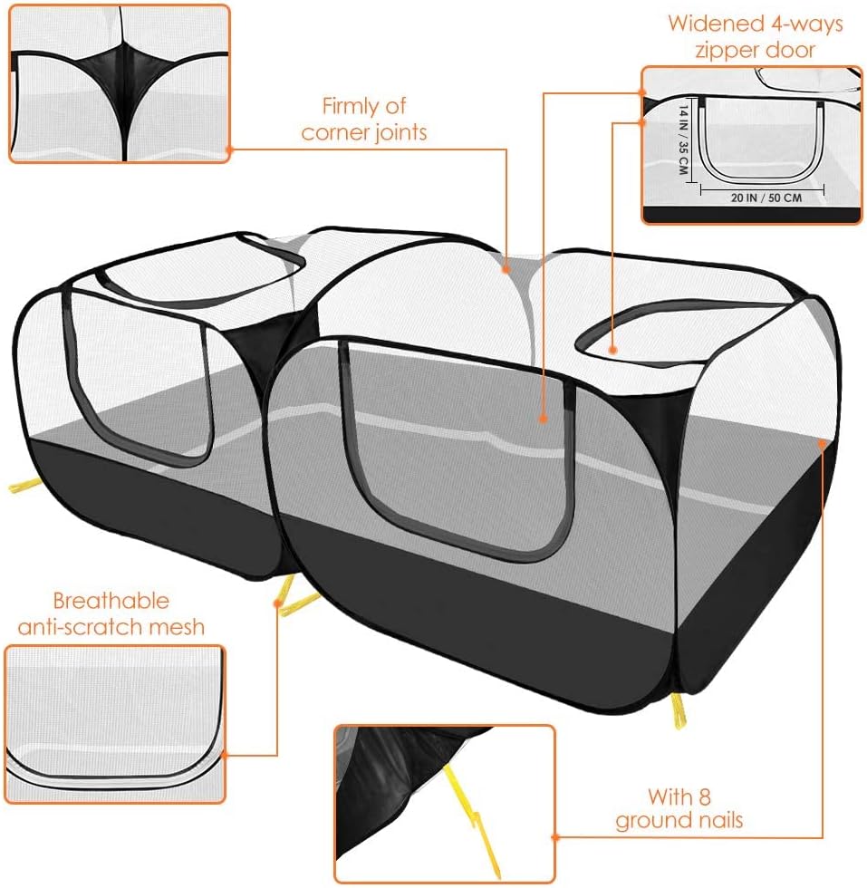 Lukovee Small Animals Playpen, Chicken Pen with Escape-Proof Detachable Bottom & 4 Zipper Doors, Breathable Foldable Portable Large Chicken Run Coop for Puppy Duck Kitten Rabbits Outdoor Yard (Black)