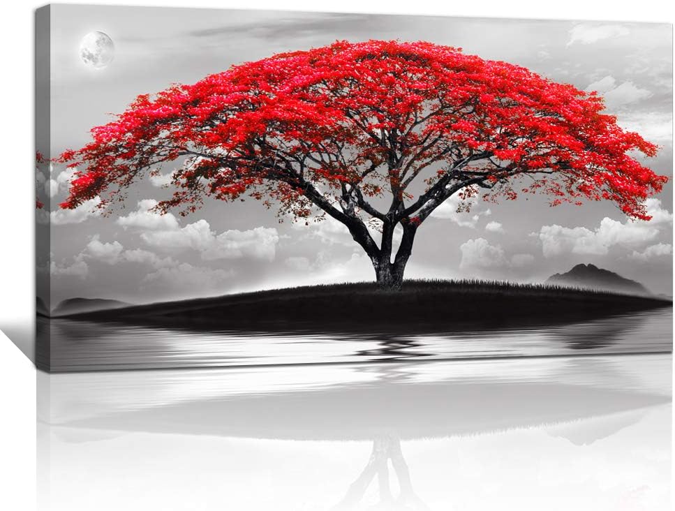 canvas wall art for living room bathroom Wall Decor Black and white landscape red tree moon scenery Hang painting Home Decorations for office bedroom kitchen Works canvas Prints pictures 20" x 40"inch