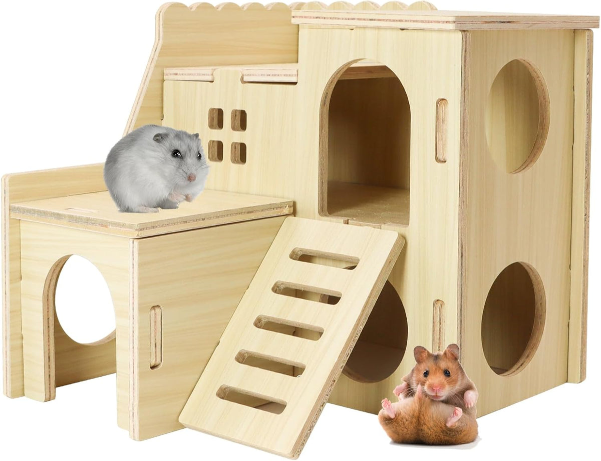 Tiny Hamster Maze Wood House with Slide House, Hamster Hideout Cage Accessories, for Dwarf Gerbils and Mouse Mice Rat Other Small Animals(Only Suitable for Hamsters)