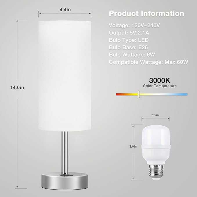 White Bedside Touch Table Lamps for Bedroom Nightstand with USB-C USB-A Charging Ports White, 3 Way Dimmable Control Small Lamp Silver Base for Office, Living Room, Reading