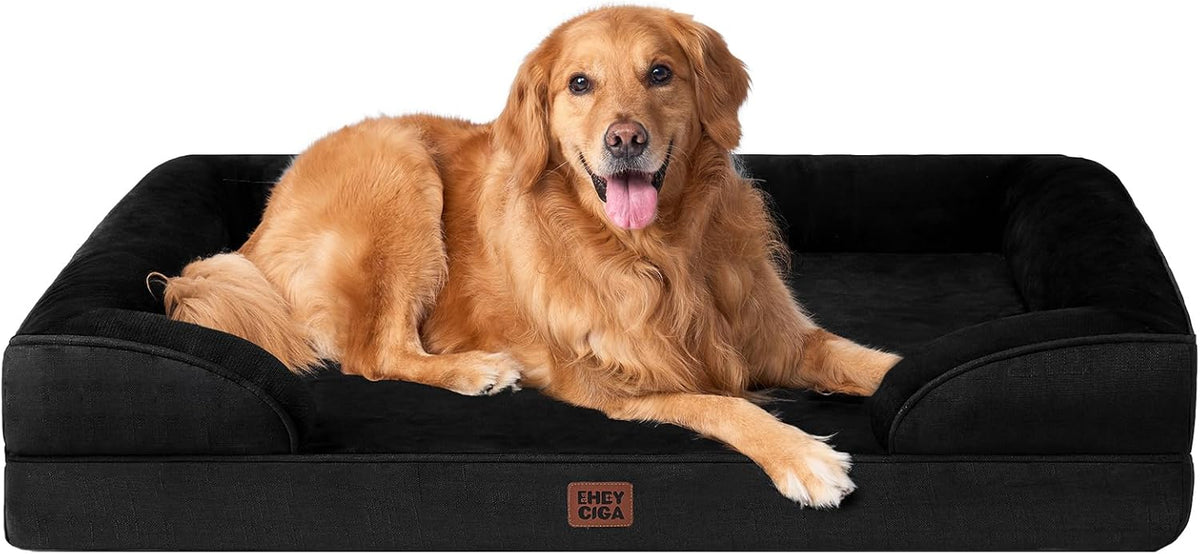 EHEYCIGA Orthopedic Dog Beds for Large Dogs, Waterproof Memory Foam Large Dog Bed with Sides, Non-Slip Bottom and Egg-Crate Foam Pet Couch Bed with Washable Removable Cover, Black
