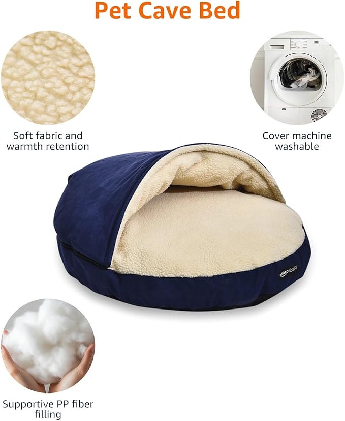 Amazon Basics Pet Cave Bed for Dog, With Removal Nesting Cave Cover, Fits up to 35lbs Pets, 30 x 30 x 12.5 inches, Blue
