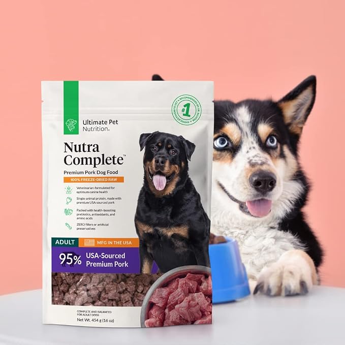 ULTIMATE PET NUTRITION Nutra Complete Freeze Dried Raw Dog Food, Veterinarian Formulated with Antioxidants, Prebiotics & Amino Acids (1 Pound, Pork)