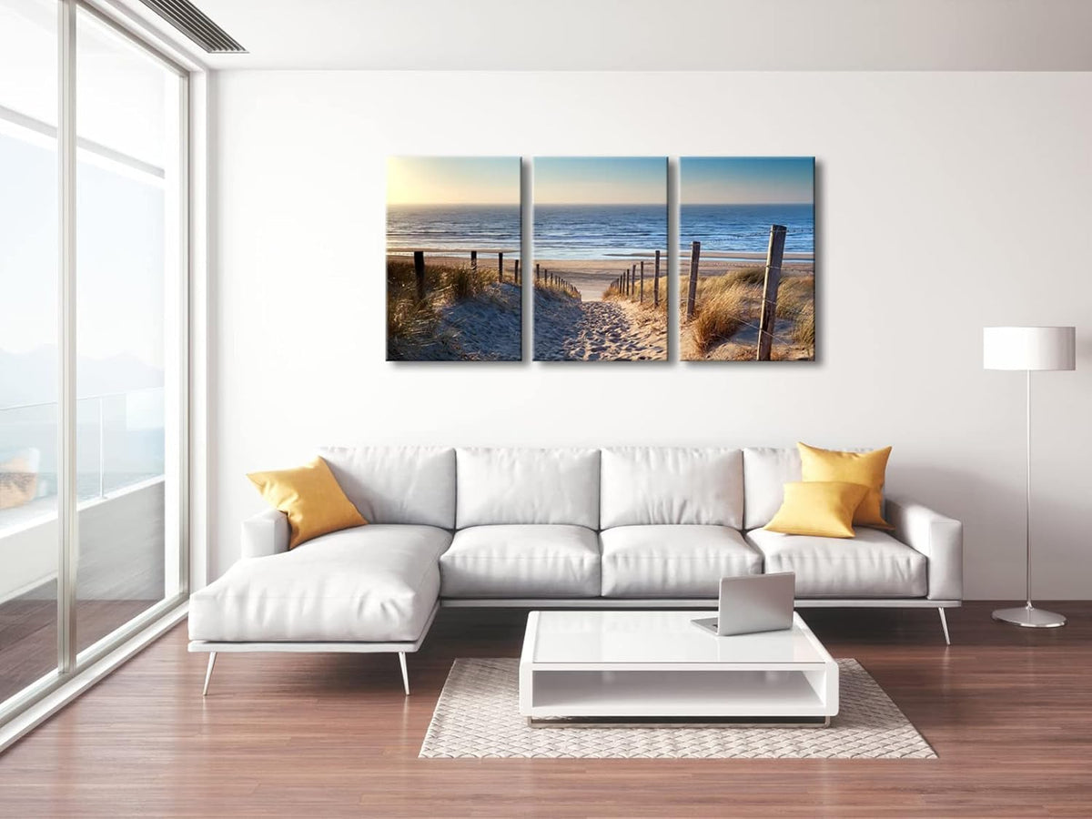 Wieco Art 3 Piece Beach Coastal Sand Dune Canvas Prints Modern Stretched Wall Art Seascape Pictures Paintings for Living Room Bedroom Home Decorations Landscape Artwork