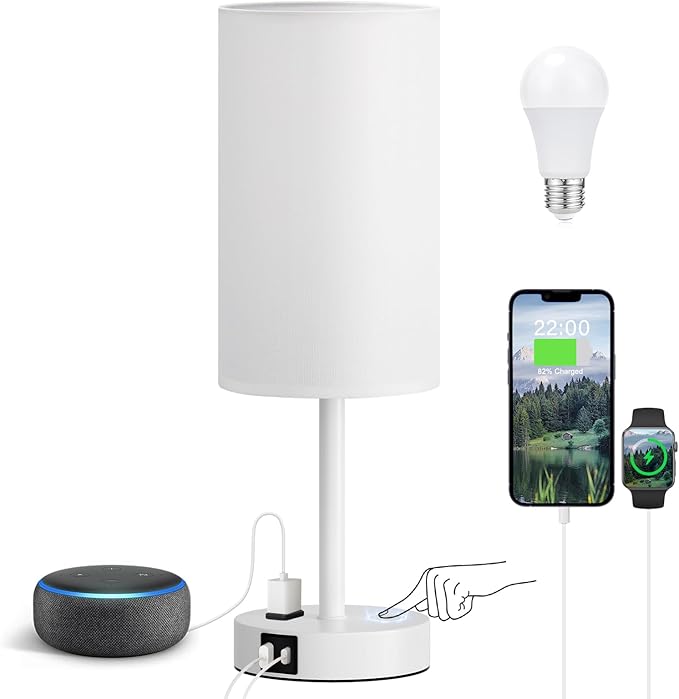 Fenmzee White Nightstand Bedroom Lamp - 3 Way Dimmable Bedside Lamp USB C A Charging Ports and AC Outlet, Small Table Lamp Linen Lampshade for Office Desk