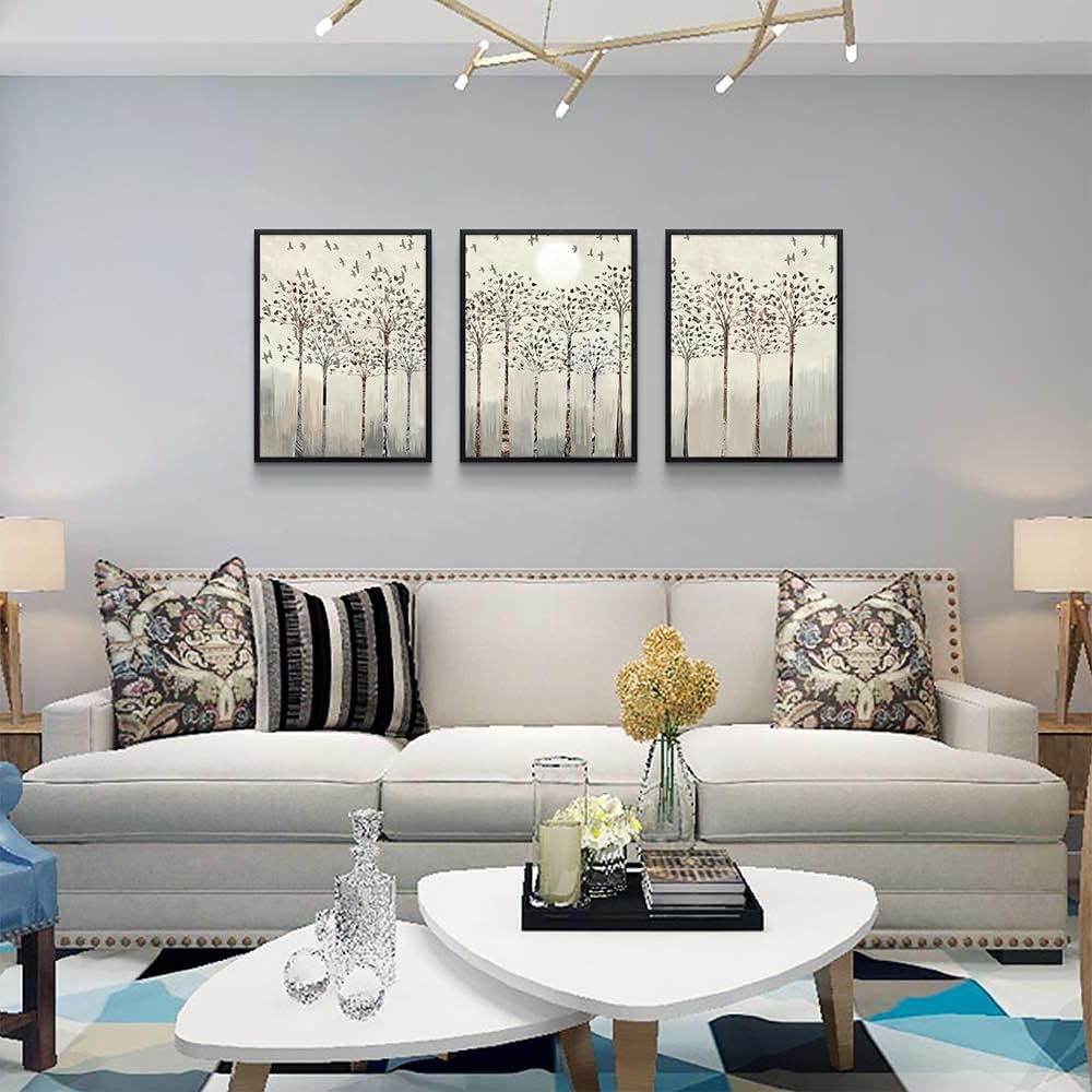 Black Framed Wall Art for Living Room Bedroom Wall Decor office Wall Decorations trees and birds Abstract Wall Paintings Sunrise and sunset Wall Pictures Artworks Modern 3 Piece Framed Prints Art