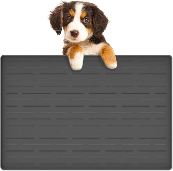 24"x16" Large Dog Food Mat, Silicone Dog and Cat Mats for Food and Water Bowls, Waterproof Raised Edge Pet Feeding Mat for Contain Spills Protects Floors, Multiple Colors & Sizes for Pets, Dark Gray