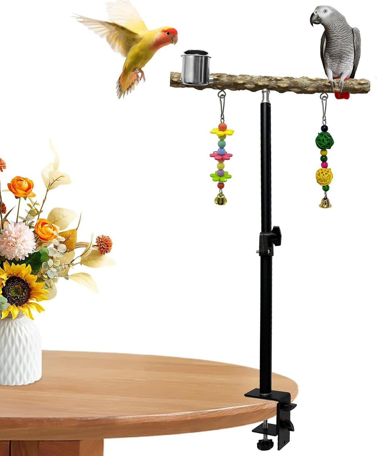 18-27 Inch Height Adjustable Bird Perch Pepper Wood Desktop Bird Training Perch Stand with Feeding Cups and Swing Toy Parakeet Perches Indoor and Outdoor Parrot Stand for Small to Medium Birds