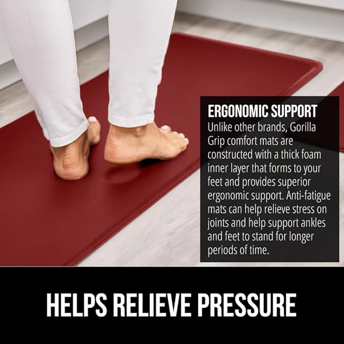 GORILLA GRIP 2 Pack Comfortable Cushioned Kitchen Mats for Floor, 17x29 + 17x59, Waterproof and Stain Resistant, 1/2 Inch Thick Ergonomic Standing Desk Anti Fatigue Mat, Foam Supports Feet, Red