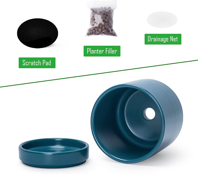 D'vine Dev Set of 2 Plants Pots, 3.5 Inch Ceramic Planter Pot for Plants with Drainage Hole and Saucer, Teal, 94-V-A-9