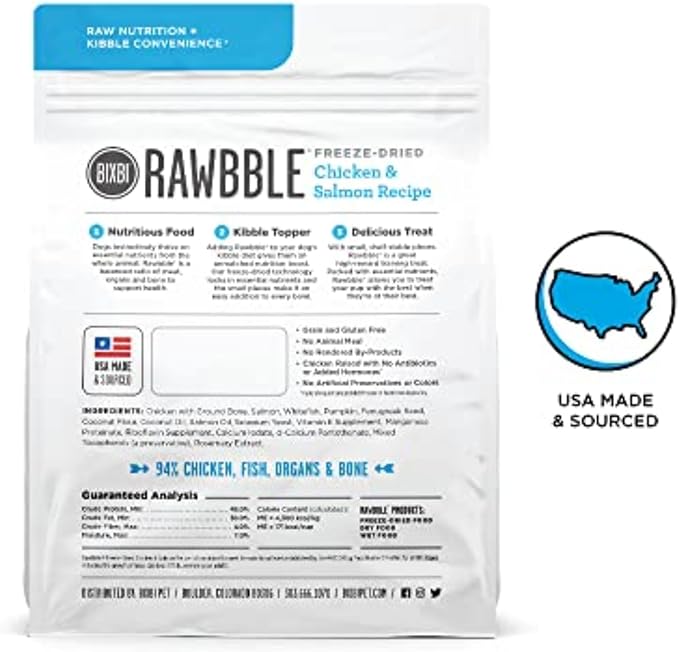 BIXBI Rawbble Freeze Dried Dog Food, Chicken & Salmon Recipe, 4.5 oz - 94% Meat and Organs, No Fillers - Pantry-Friendly Raw Dog Food for Meal, Treat or Food Topper - USA Made in Small Batches