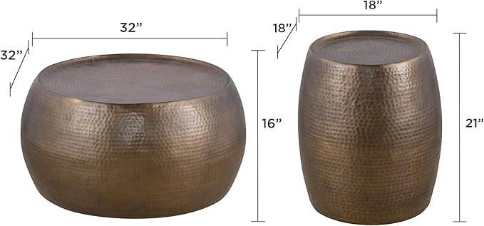 Modern Contemporary Round Aluminum Material 32" Coffee Table and 21" Height Table 2PC Table Set with Hand Hammered Design Antique Gold