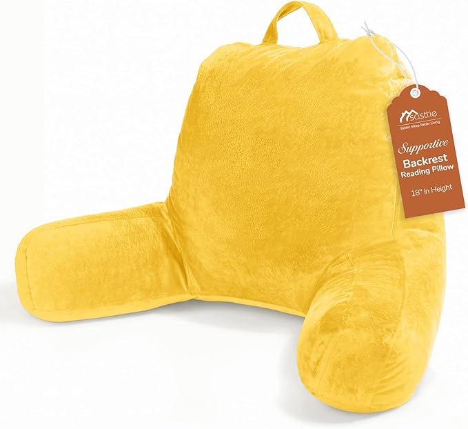Sasttie Reading Pillow, Velvet Back Pillow for Bed Sitting Up, Adult Back-Rest Support Cushion with Arms for Sit Up on Couch, Sofa, and Floor, Dorm Essentials, Reading Accessories, Yellow