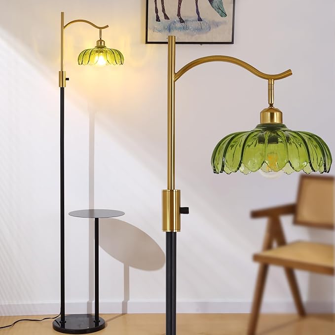 Vintage Dimmable Arc Floor Lamp with Side Table and Marble Base, Farmhouse Standing lamp with Green Glass Lampshades for Living Room Bedroom