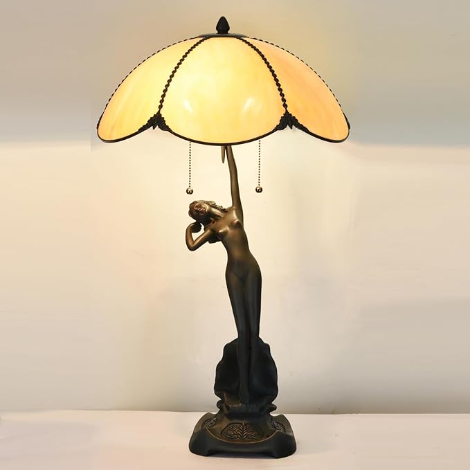TL0033 Tiffany Style Table Lamp Stained Glass Umbrella Shade with Lady Sculpture Base W 15.75 X OH 27 Inches, Art Nouveau Lamp for Home Office, LED Bulbs Included