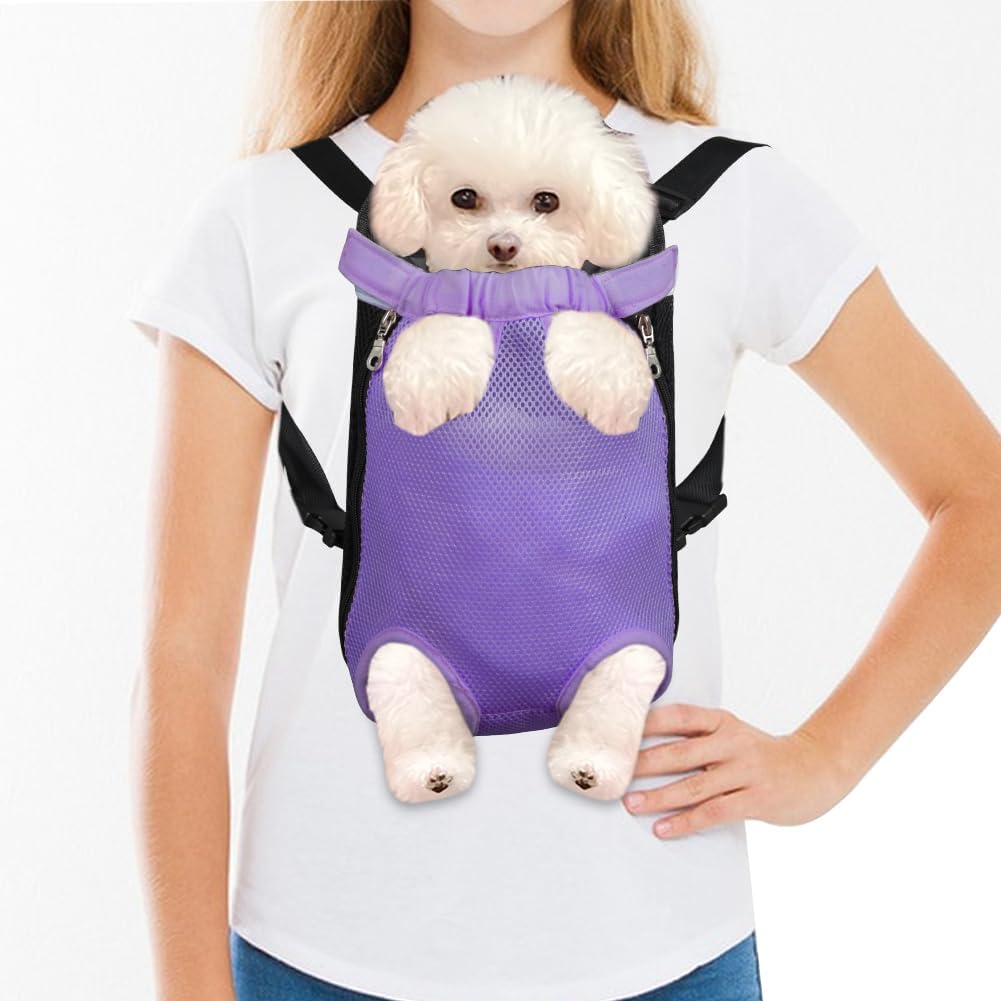 FEimaX Dog Carrier Backpack Pet Legs Out Front Cat Travel Bag, Adjustable Puppy Backpacks Carriers Hands-Free for Small Medium Dogs Cats Hiking Traveling Camping Daily Walking (Medium, Purple)