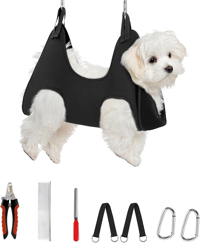 Supet Dog Grooming Hammock Harness for Dogs Cats, Relaxation Pet Nail Clipper Hammock, Restraint Dog & Small Animal Leashes Sling for Groomingk for Nail Trimming (Black, XS)