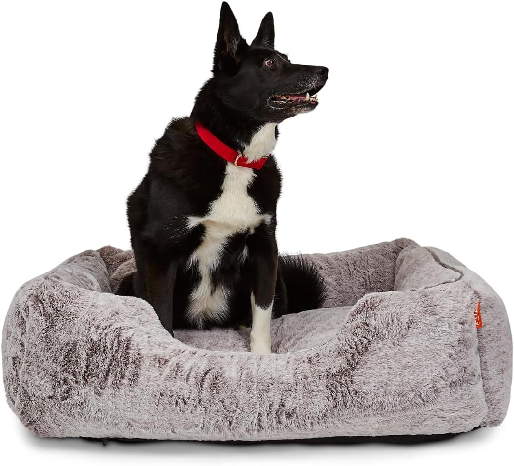 FUZI Luxury Aesthetic Dog Bed for Large Dogs with Washable Cover, Pet Couch, Pet Bed with Sides, Non-Slip Bottom, Soft and Durable Calming Dog Bed, Faux Fur Cover, Large 35.6x28.5x9.5 Light Grey