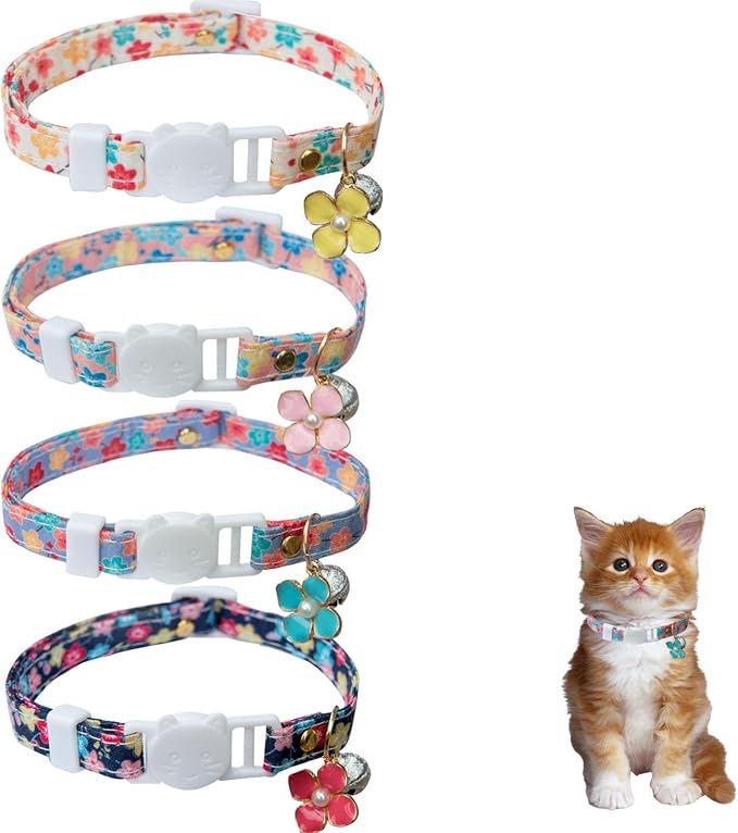 4 Pack Cotton Breakaway Cat Collars with Bell, Safety Adjustable Cat Collars Set,Ideal for Girl Cats Boy Cats (Cute Floral)