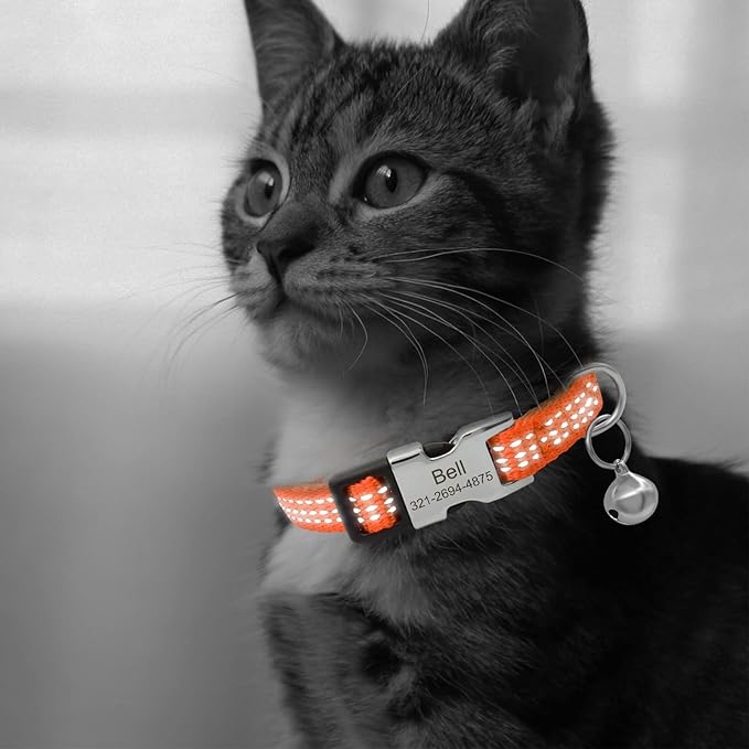 Personalized Reflective Nylon Cat Collar with Name Phone,Custom Engraved Buckle Cat Collar with Bell,Adjustable for Small Dogs Puppy Kitten (Orange,fit 7.5''-12.0'')