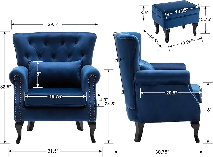 DM Furniture Mid-Century Accent Chair with Ottoman Modern Button Tufted Armchair Wingback Club Chair Velvet Single Sofa Lounge Chair with Pillow for Living Room Bedroom, Blue