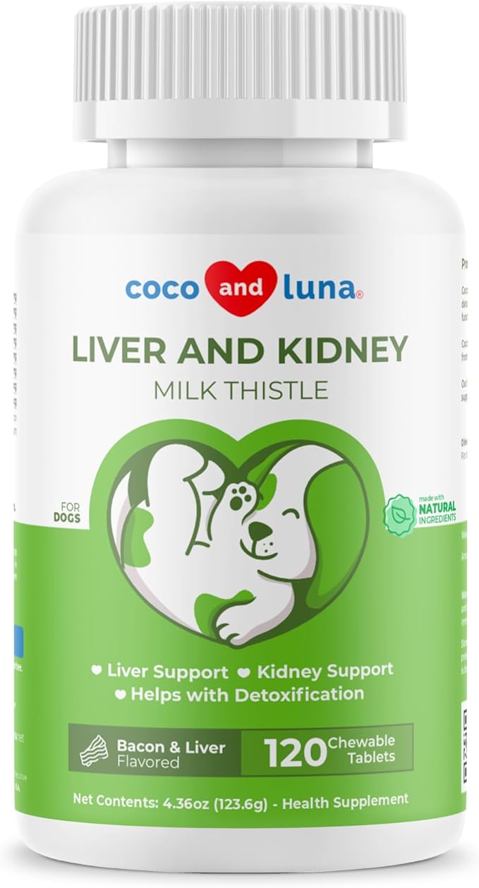 Milk Thistle for Dogs - 120 Chewable Tablets - Silymarin - Liver and Kidney Support with EPA & DHA - Detox - Liver Supplement for Dogs with Choline and L-Arginine