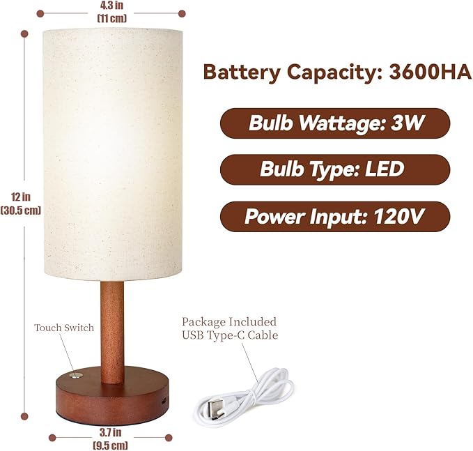 Cordless Table Lamp, 3 Color Dimming Portable Battery Lamp, Touch Control Wood Base Small Bedside Lamps for Night Stands, Living Room, Office(LED Bulb Included) (Cordless Wood Base)