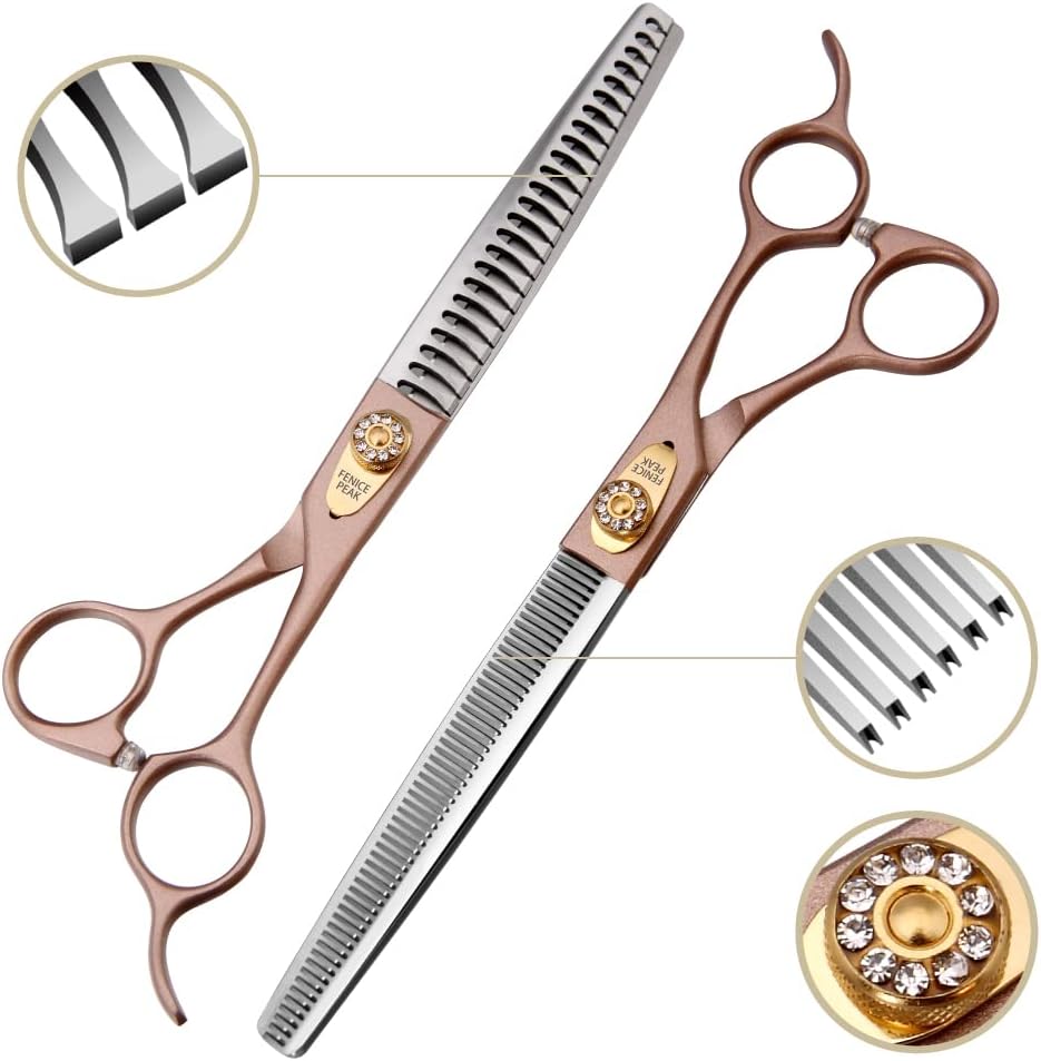 Fenice Peak 7‘’ Professional Dog Grooming Scissors Set Rose Gold 440C Stainless Steel Straight Thinning Curved Chunker Shears 4pcs Set for Pet Grooming Services Dogs and Cats
