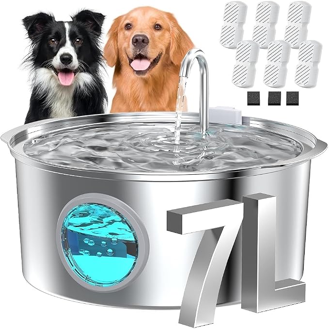 Pet Water Fountain for Large Dogs: Metal Dog Water Fountain - Silent Big Cat Fountains - 7L/236oz/1.8G Dog Drinking Fountains Inside - GROOKPET Water Fountains for Pets Indoor Large - 9 Filters