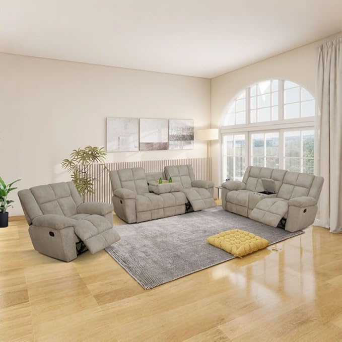 Manual Recliner Sofa Set,Corduroy Reclining Couch Set,Modern Living Room Furniture Set,Reclining Sofa Couch Chair for Living Room Home Office(Beige,3 Pieces Set)