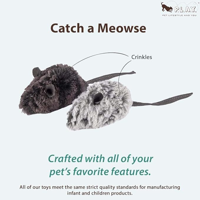 P.L.A.Y. Cute Plush Cat Toys - Feline Frenzy Animal Critter Themed Catnip Filled Toy, Great for Adult Cats and Kittens - Machine Washable, Recycled Materials, Crinkles (Catch a Meowse, Set of 2)