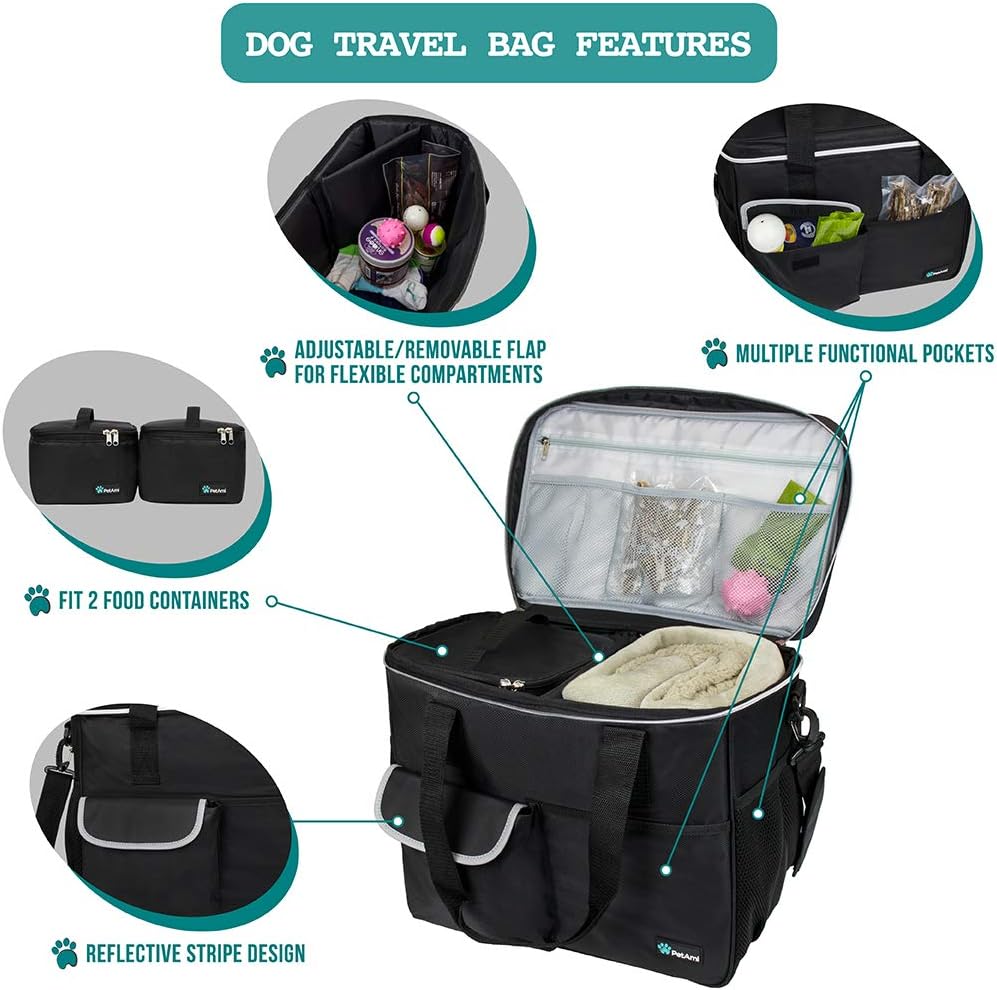 PetAmi Dog Travel Bag - Organizer with Food Container, Bowls & Accessories for Weekend Camping, Cat Diaper Bag (Black, Large)
