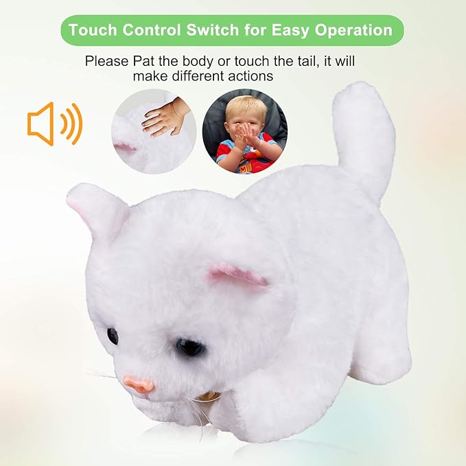 White Plush Cat Stuffed Animal Interactive Cat Robot, Robotic Cat Barking Meow Kitten Touch Control, Electronic Pet, Robot Kitty Toy, Animated Cat for Girl Baby Kid L:12" * H:8" *
